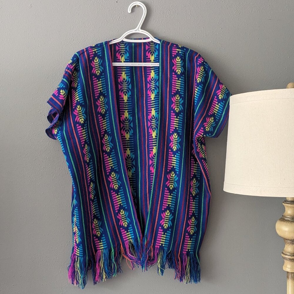 Boho Striped Fringe Open Cardigan - Blue Multi
